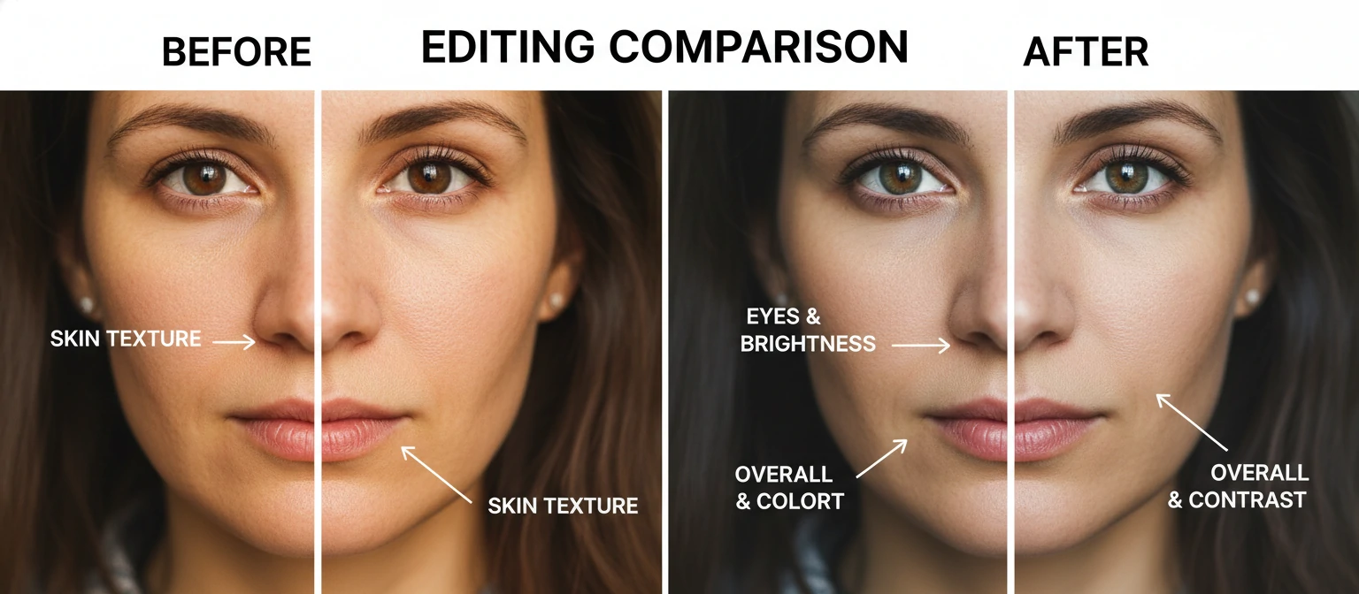 Before-after portrait comparison with callouts showing specific areas improved—skin, eyes, overall tone