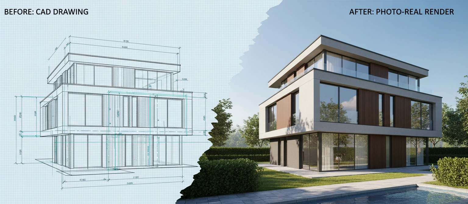 Before and after comparison showing architectural CAD drawings on left transforming into photorealistic exterior render on right