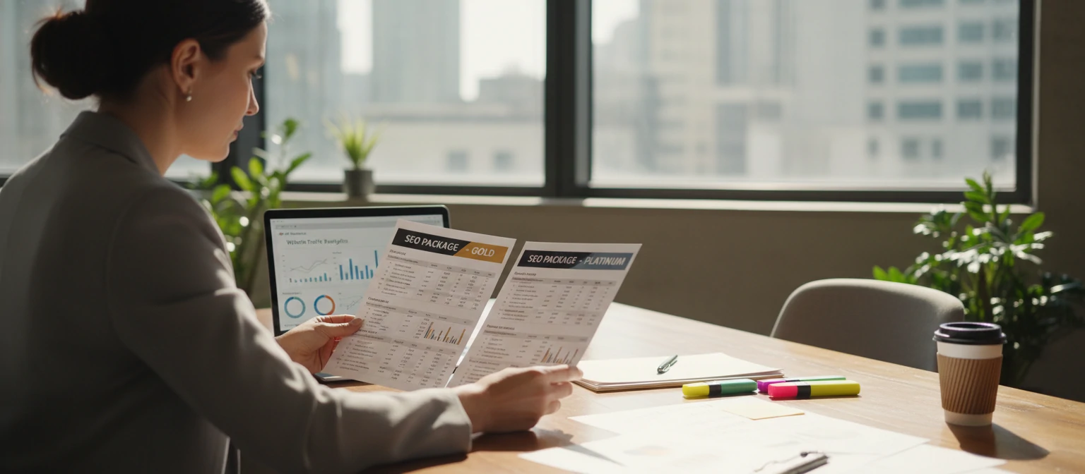 Business owner comparing SEO package proposals on desk
