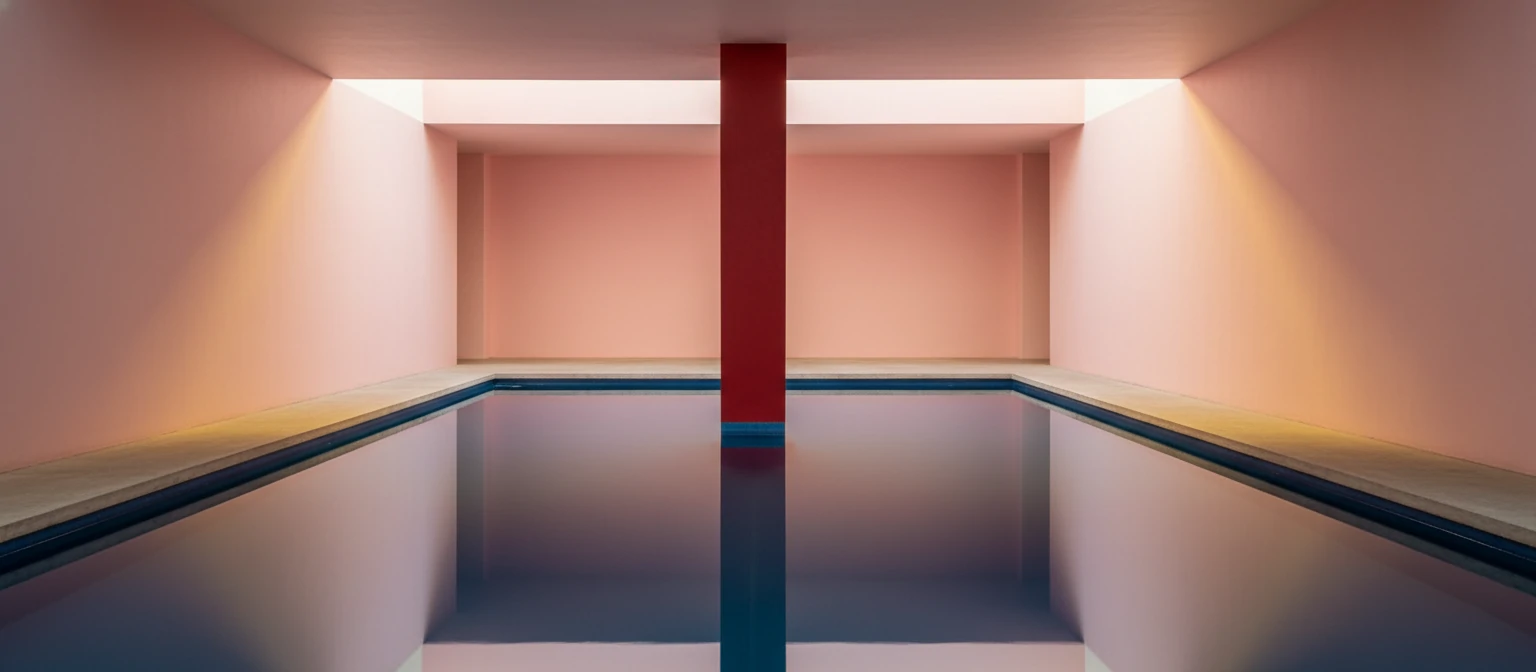 Casa Gilardi pool room with red column, blue water, and colorful walls