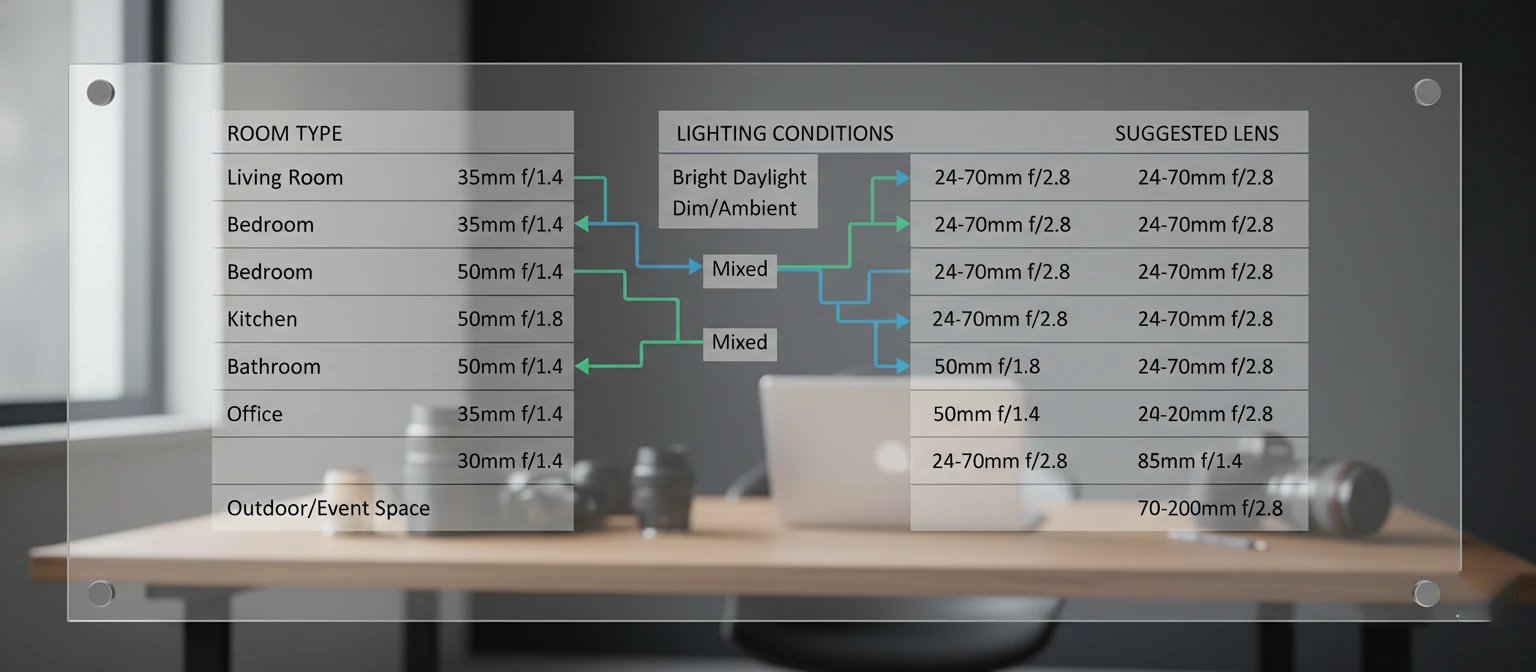 Checklist-flowchart showing lens choices per room type and lighting