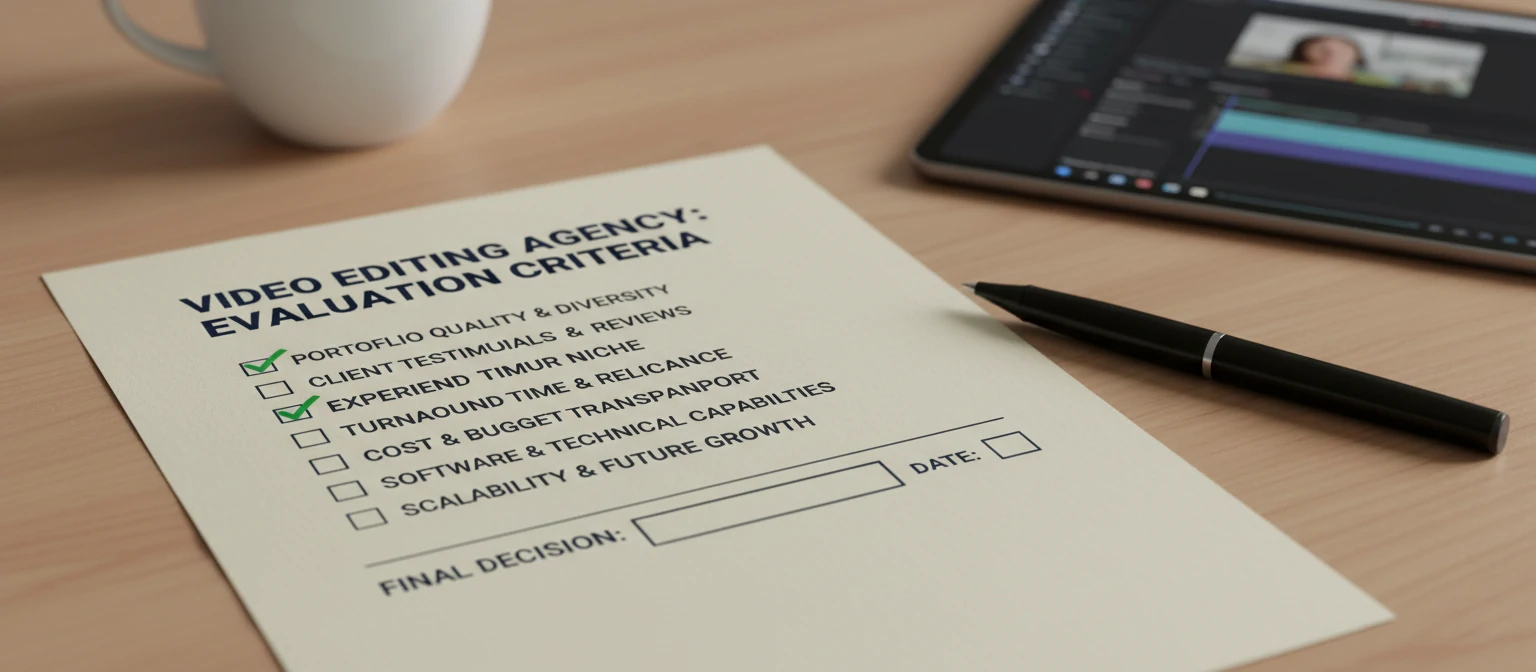 Checklist graphic showing key evaluation criteria for choosing a video editing agency with checkboxes