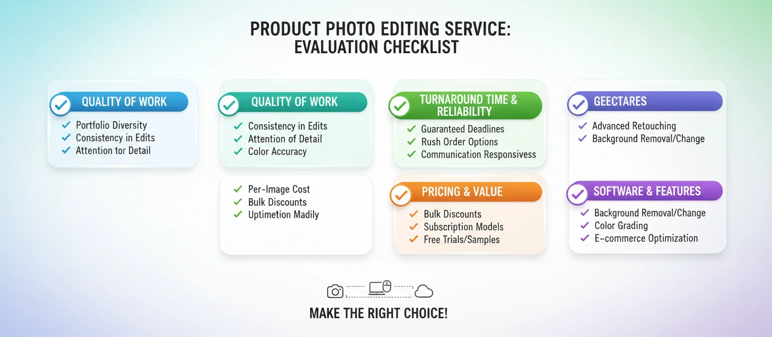 Checklist infographic showing key evaluation criteria when choosing a product photo editing service