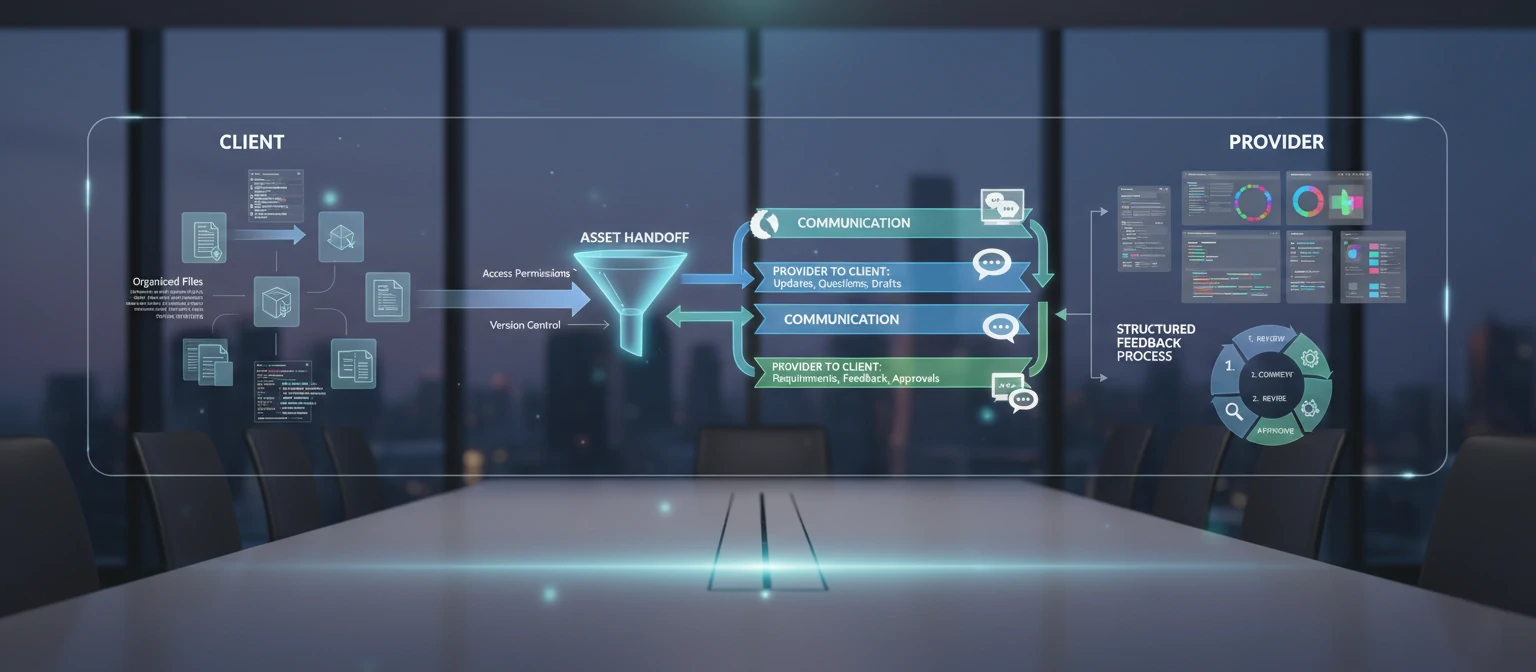 Client-provider collaboration diagram showing organized asset handoff
