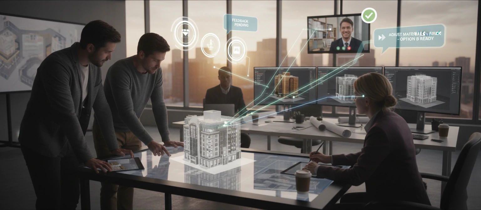 Collaboration visualization showing architects and rendering team working together with clear communication flows and feedback loops