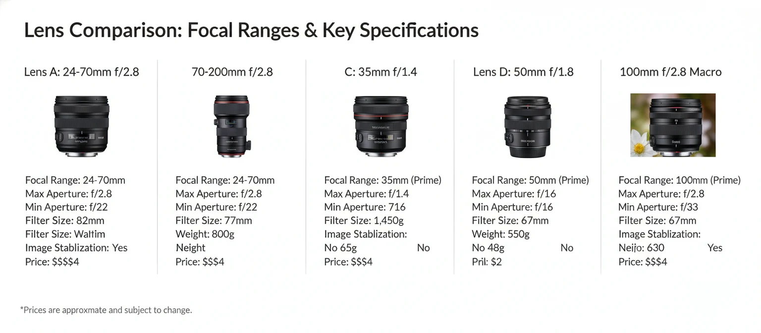 Comparison chart showing focal ranges and key specs of all five lenses