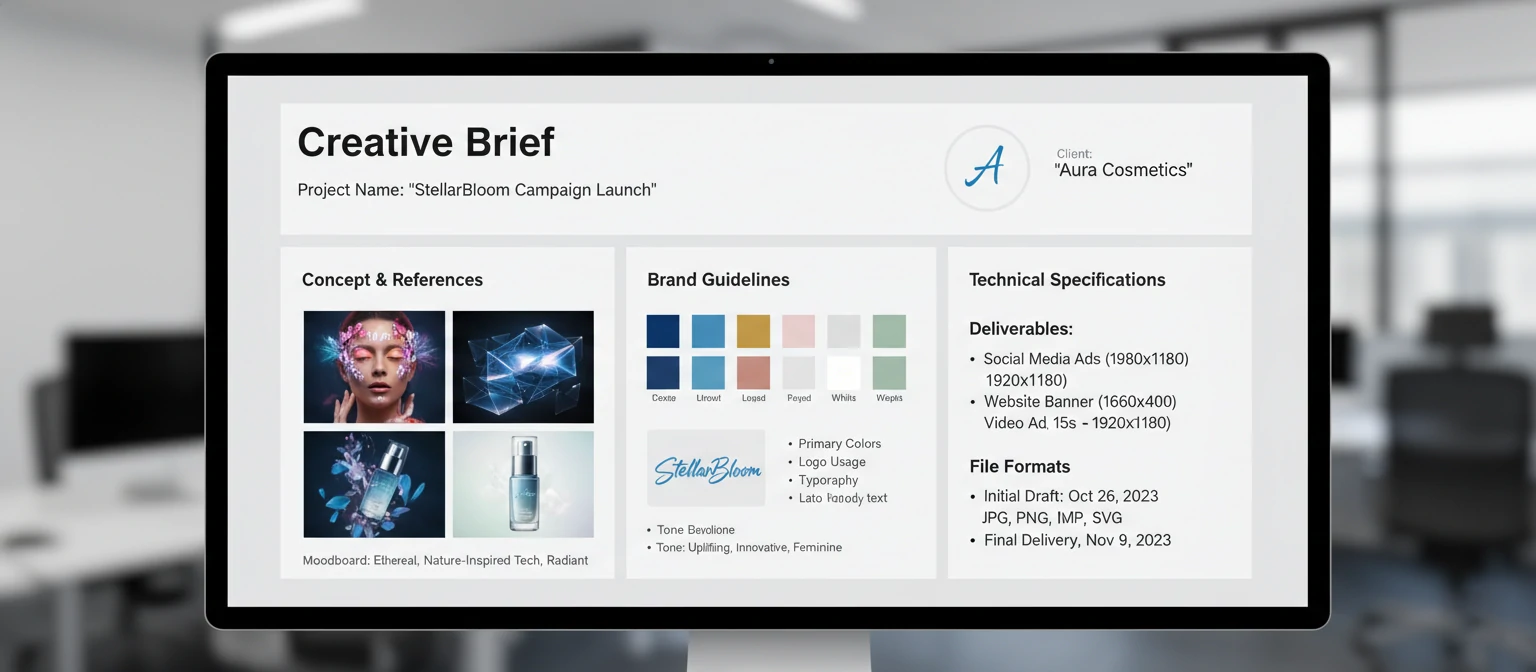 Creative brief template with sections filled in, showing reference images, brand guidelines, and technical specifications organized clearly