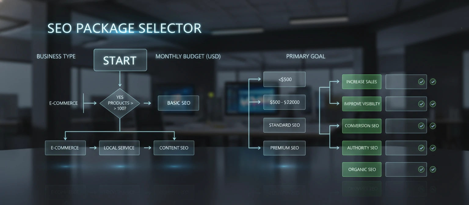 Flowchart Decision tree helping readers identify the right SEO package