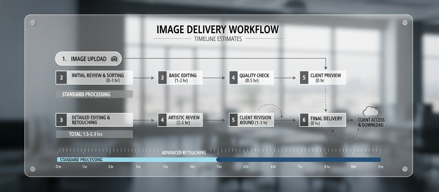 Flowchart diagram showing the complete workflow from image upload to final delivery with timeline estimates