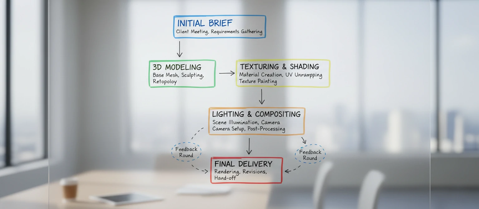 Flowchart diagram showing the stages of a rendering project from initial brief through modeling, texturing, lighting, and final delivery