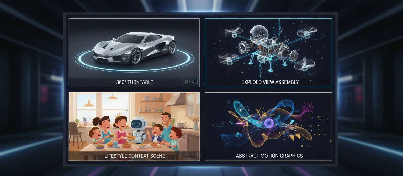 Four-panel grid showing different animation styles - 360° turntable