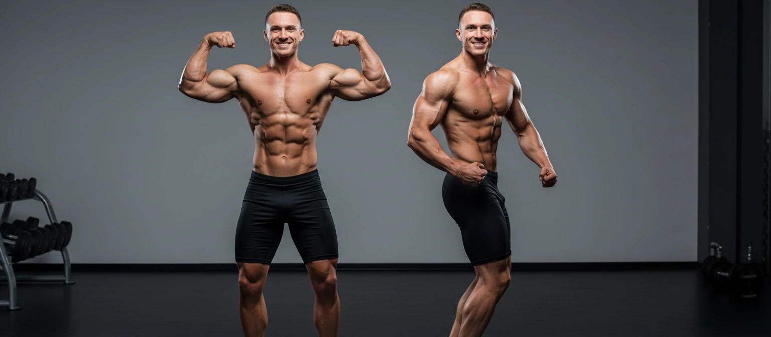 Full body physique shots of the twins showing their muscular development and proportions