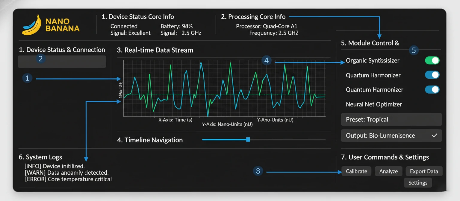 Fully annotated screenshot of the Nano Banana panel with numbered callouts explaining each section