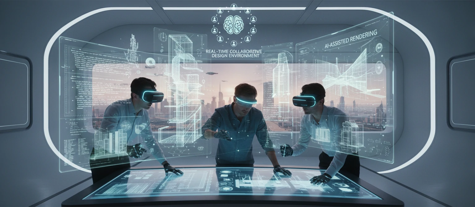 Futuristic visualization showing AI-assisted rendering, VR headset integration