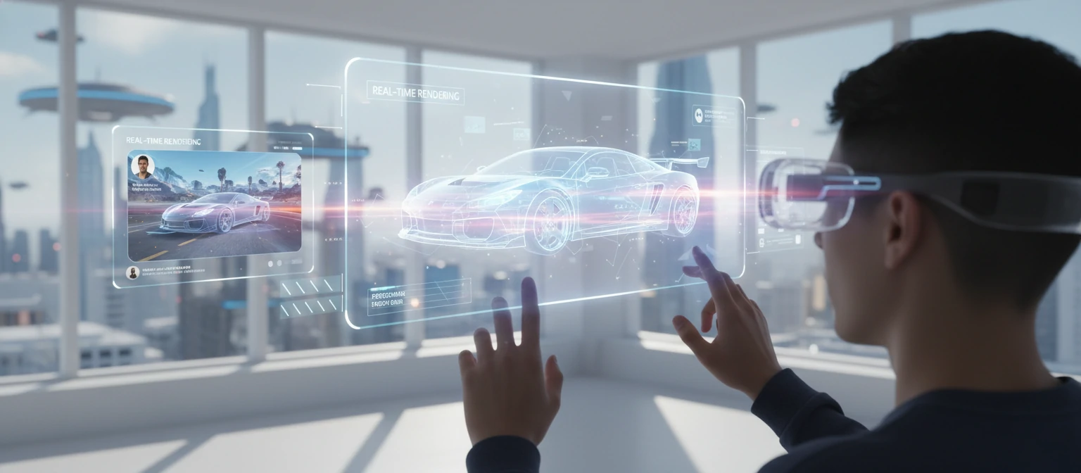 Futuristic visualization showing AR product viewing, AI-generated animation, and real-time personalized content creation