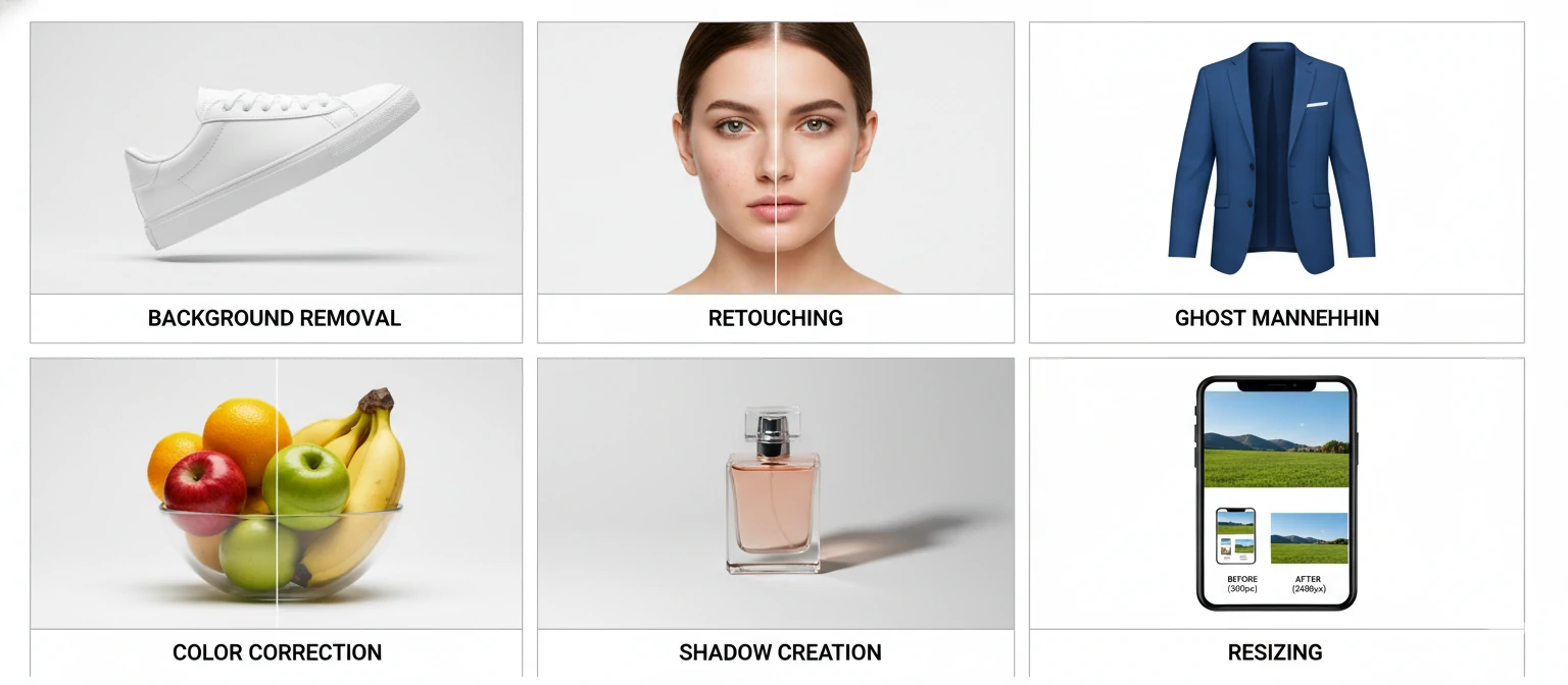 Grid showing examples of each service type—background removal, color correction, retouching, shadow creation, ghost mannequin, and resizing