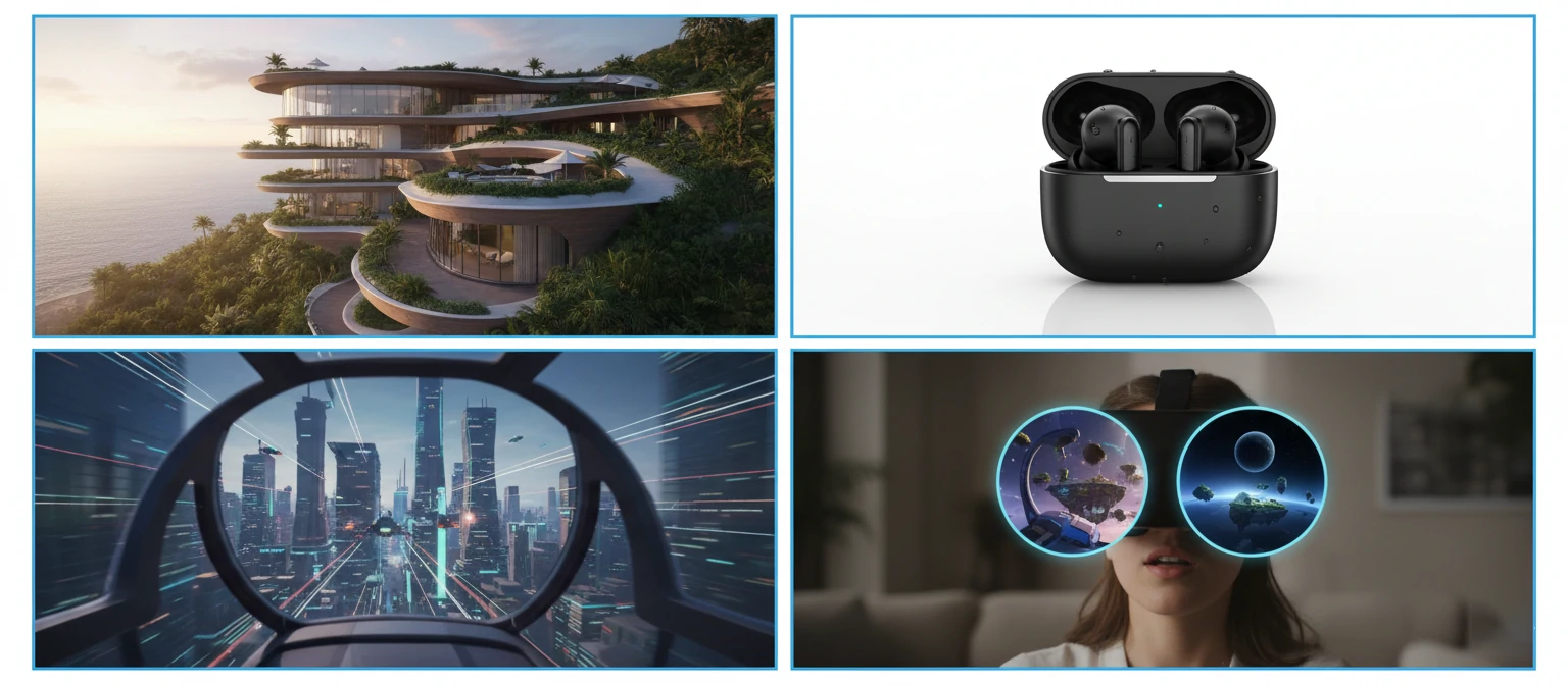 Grid showing four examples - an architectural exterior render, a product render on white background, a frame from an animated flythrough, and a VR headset showing virtual space