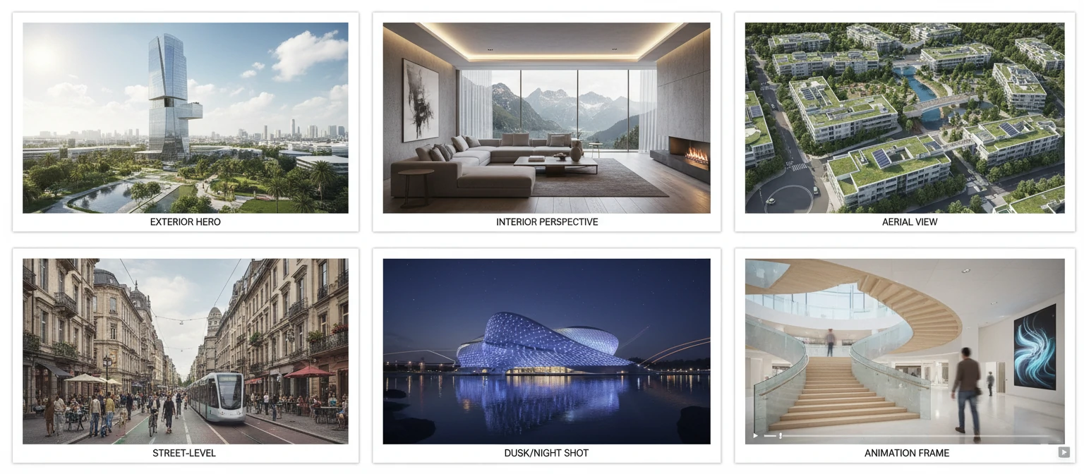 Grid showing six types of architectural renders - exterior hero, interior perspective, aerial view, street-level
