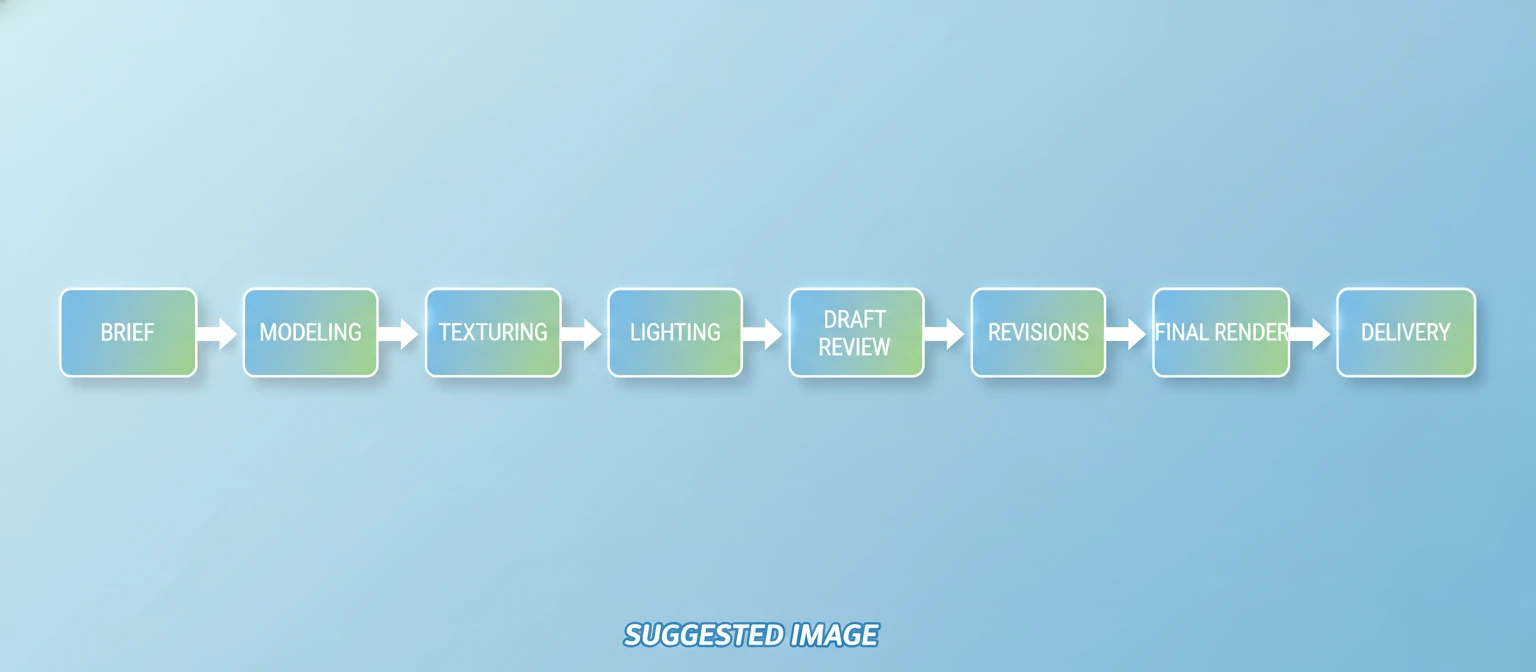 Horizontal workflow diagram showing connected stages - Brief → Modeling