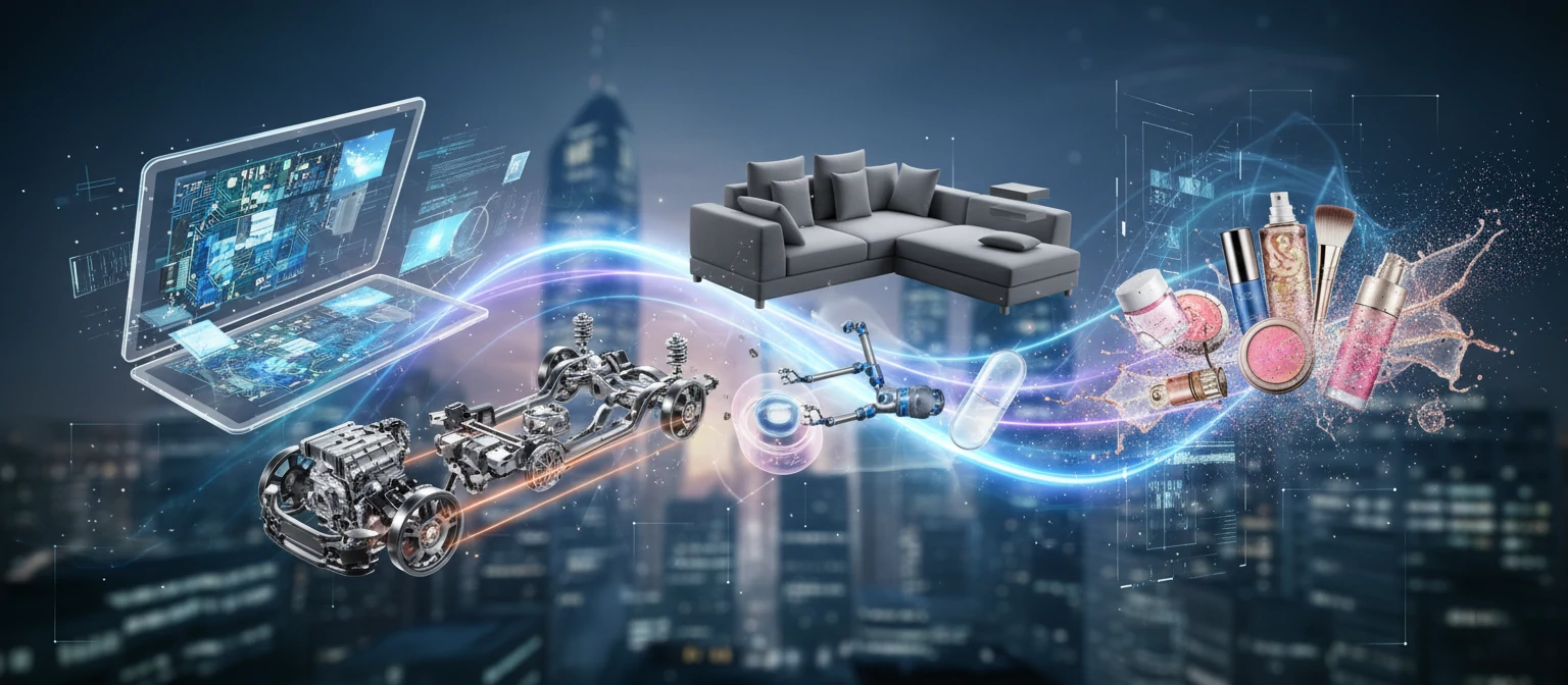 Industry collage showing product animations - consumer electronics, automotive parts, medical devices, furniture, and cosmetics packaging