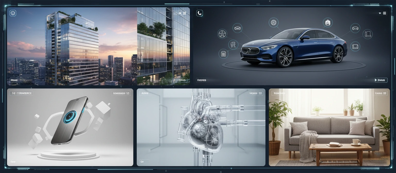 Industry montage showing architectural visualization, product e-commerce renders