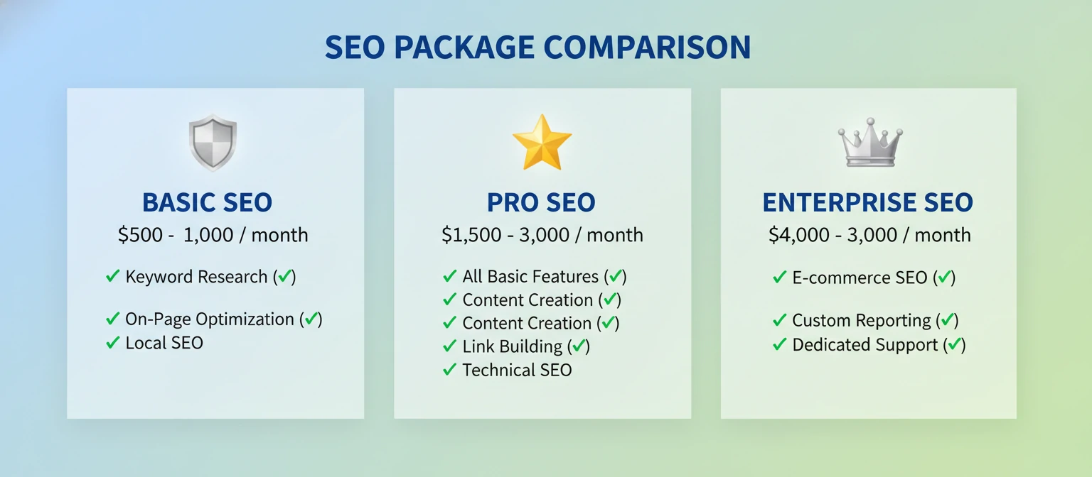 Infographic Side-by-side visual comparison of three SEO package