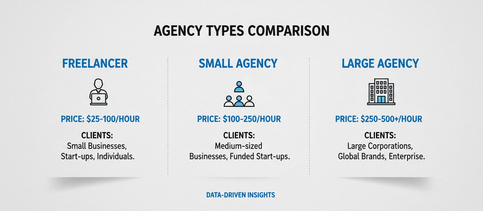 Infographic comparing different agency types with icons, price ranges