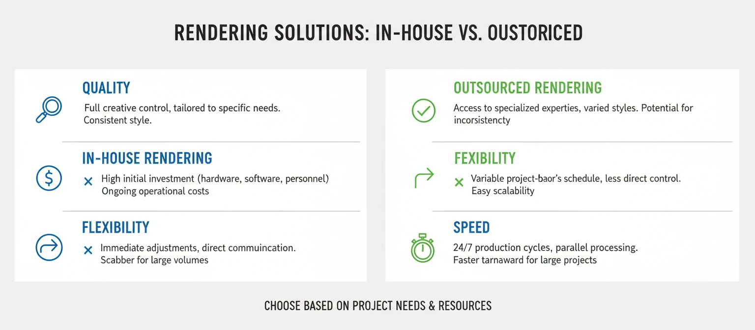 Infographic comparing in-house vs. outsourced rendering showing factors like quality, cost, flexibility, and speed