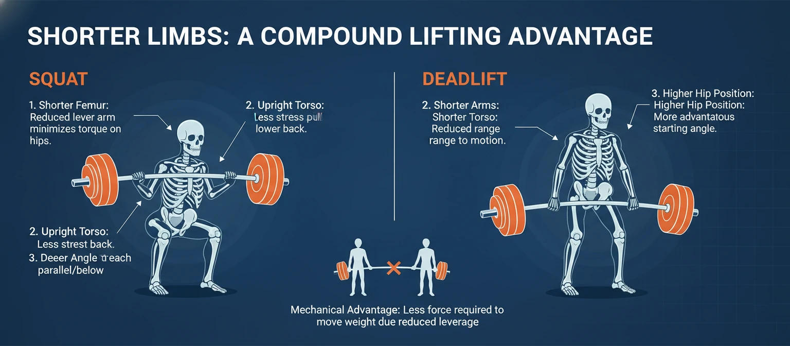 Infographic showing how shorter limbs create mechanical advantages on compound lifts