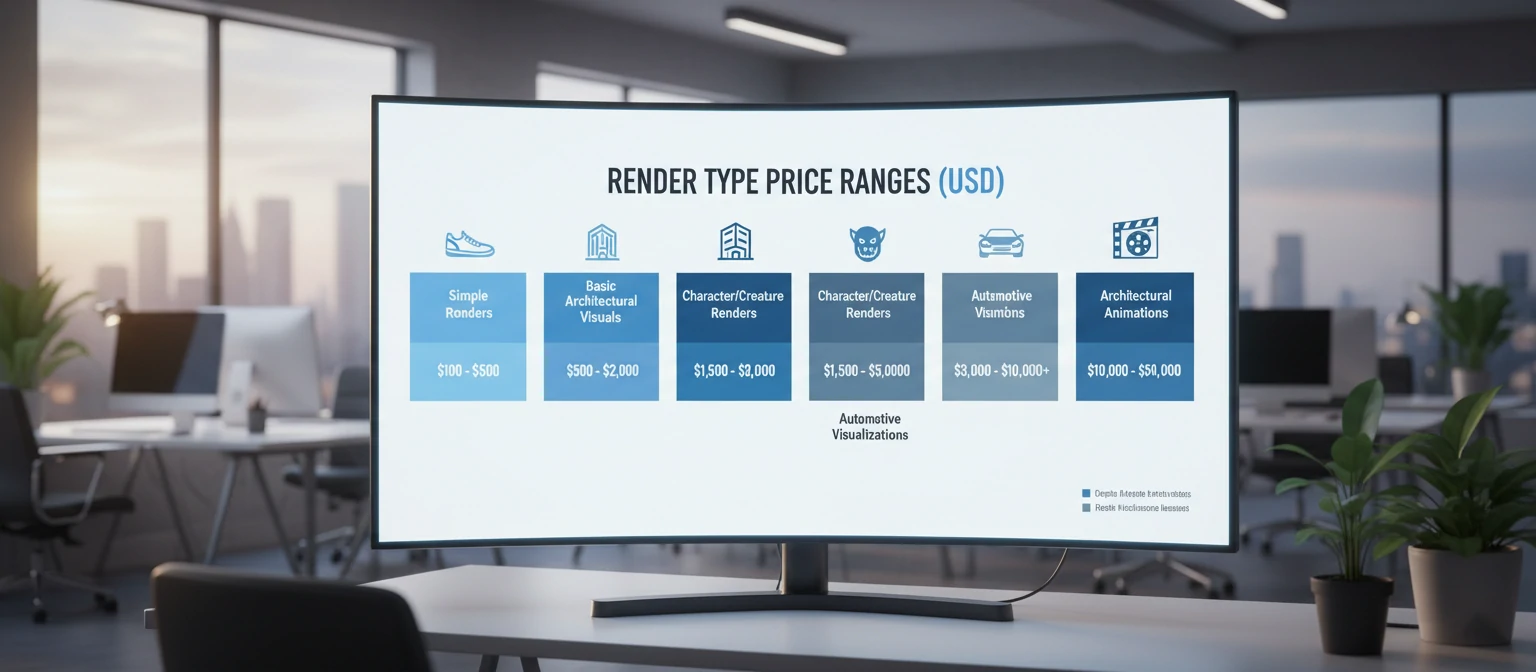 Infographic showing price ranges for different rendering types, from simple product renders to complex architectural animations