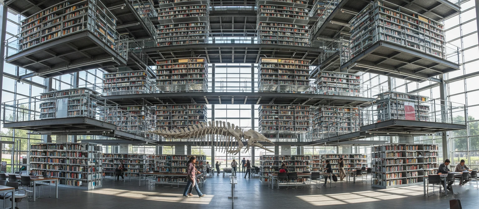 Interior of Biblioteca Vasconcelos showing transparent floating bookshelves and dramatic architecture