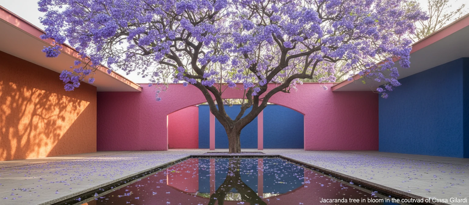 Jacaranda tree in bloom in the courtyard of Casa Gilardi