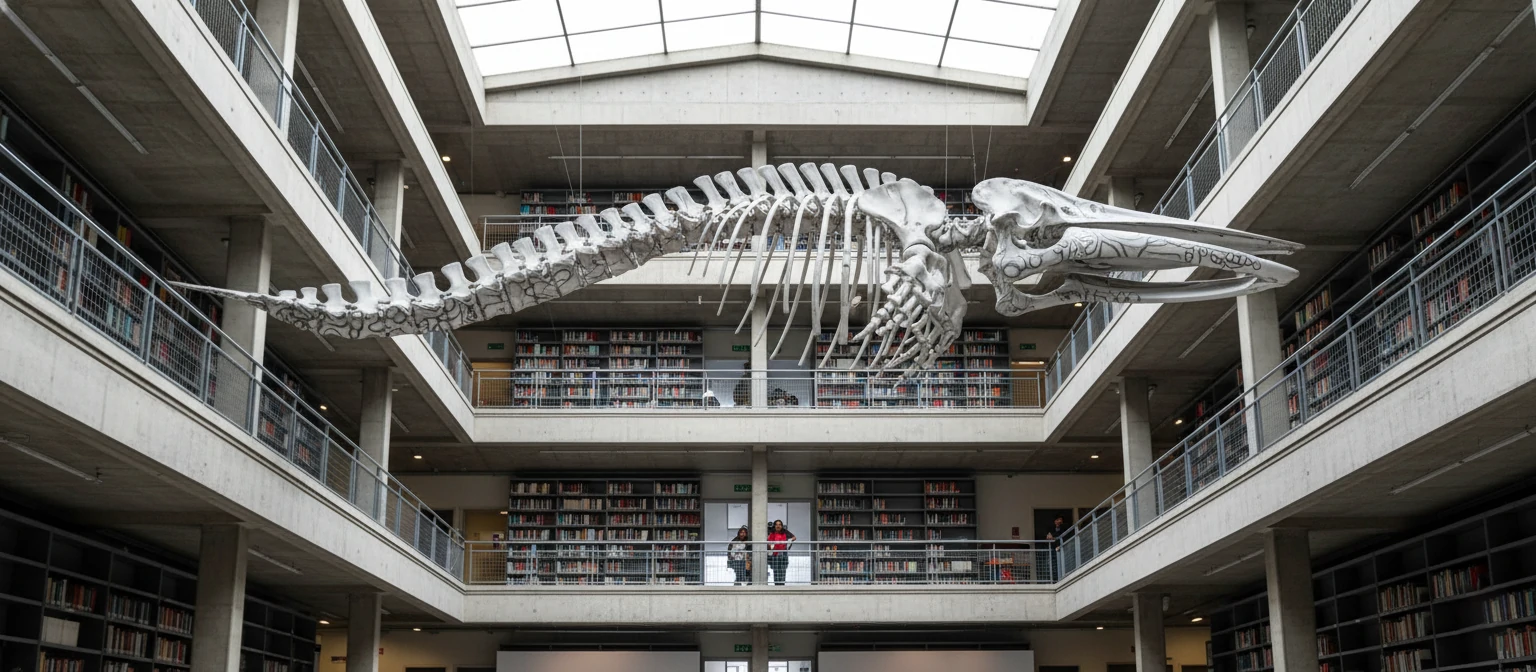 Mátrix Móvil whale skeleton art installation by Gabriel Orozco in Biblioteca Vasconcelos