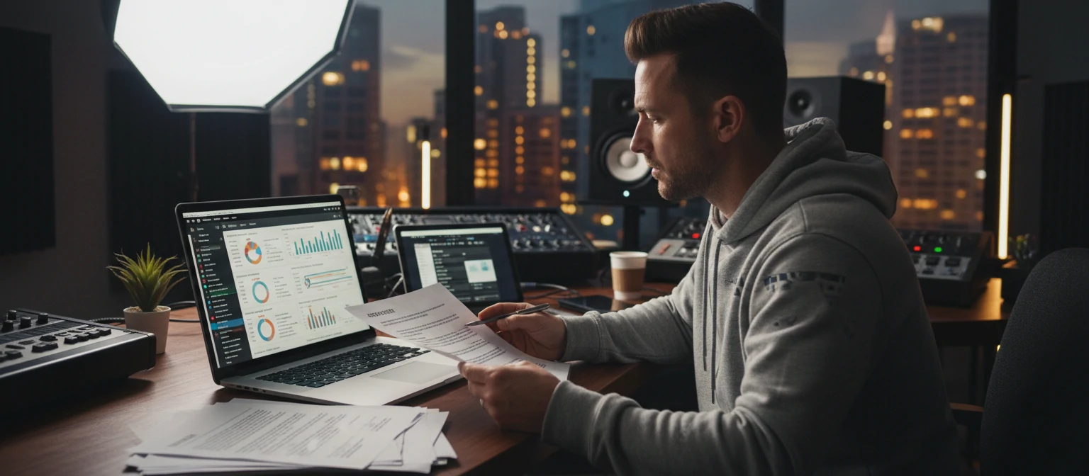 Music producer managing business and contracts on laptop