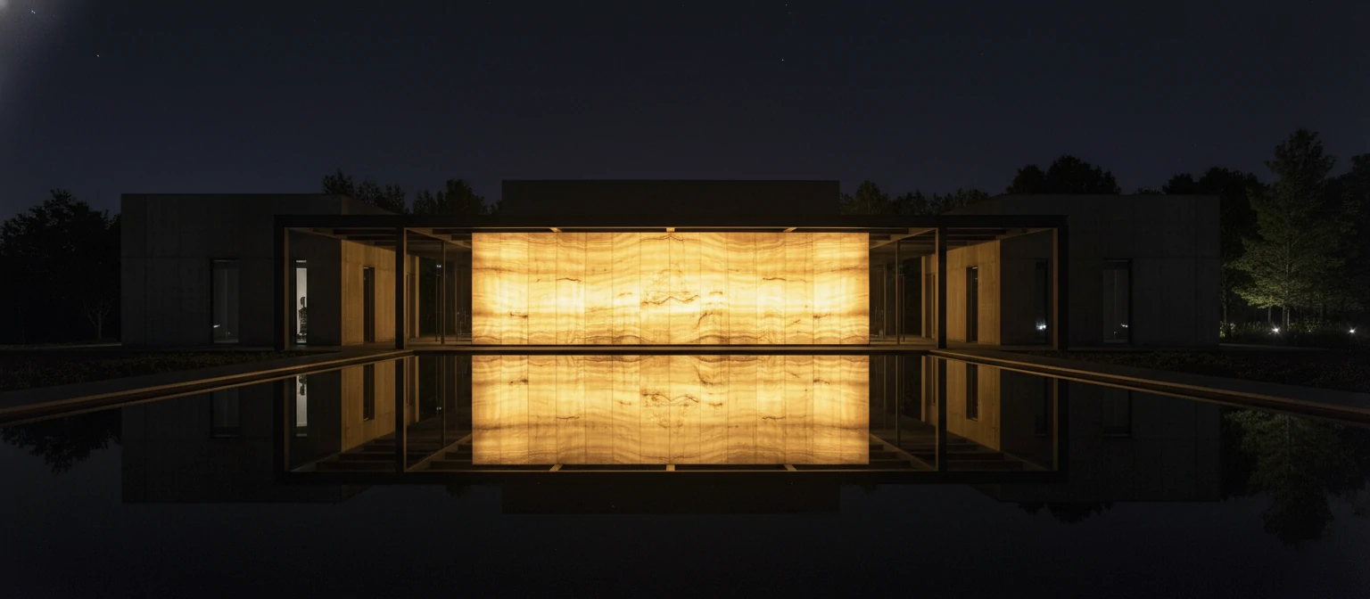 Night shot. The pavilion is lit from within