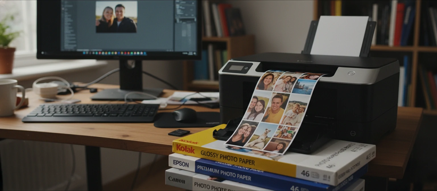 Photo printer with 4x6 glossy prints coming out, showing home printing setup with photo paper packages visible