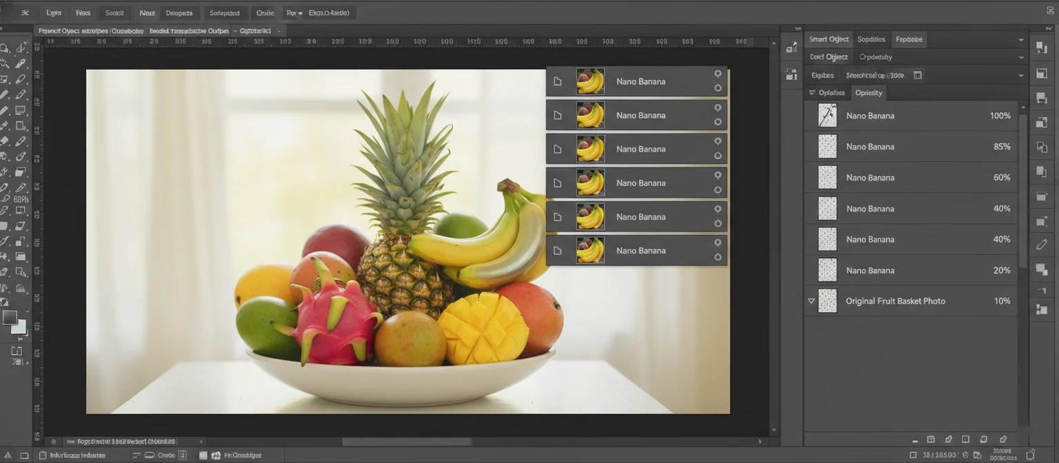 Photoshop Layers panel showing stacked Nano Banana adjustments as Smart Objects with different opacity settings