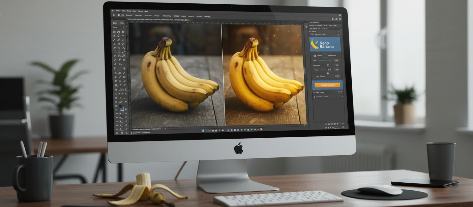 Photoshop workspace with Nano Banana panel open, showing a before-after split view of an edited photo
