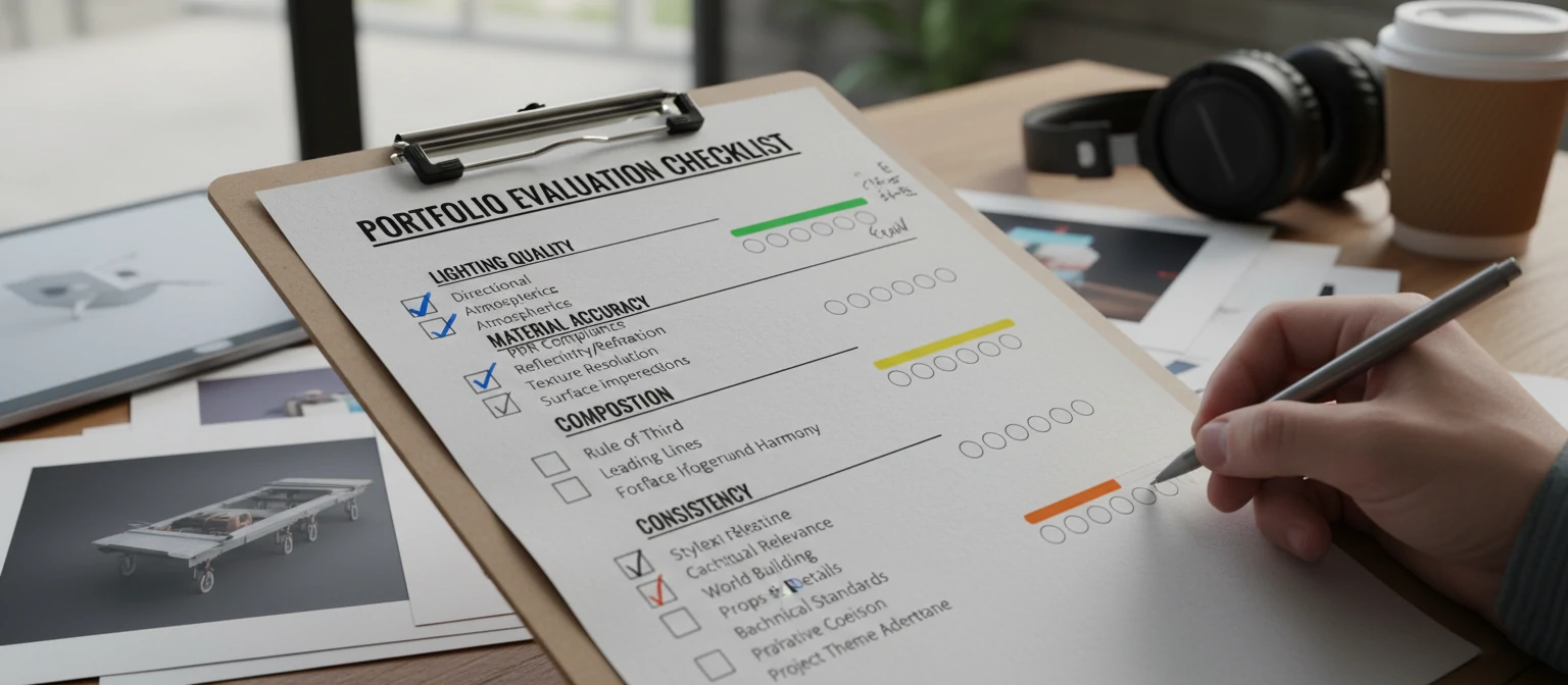 Portfolio evaluation checklist showing key criteria - lighting quality, material accuracy, composition, environment, and consistency markers
