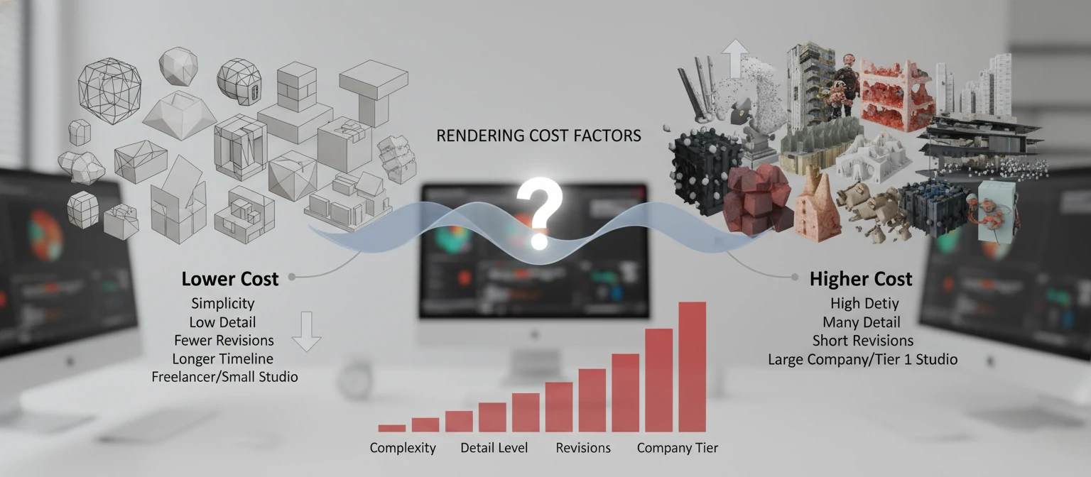 Price comparison visualization showing factors that influence rendering costs - complexity, detail level, revisions, timeline, and company tier