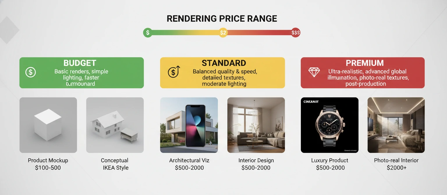 Price range infographic showing different rendering types from budget to premium tiers with example images at each level