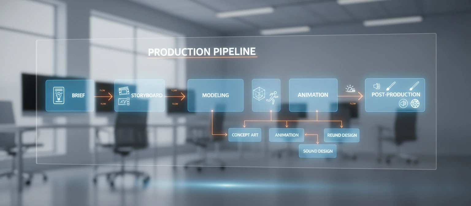 Production pipeline diagram showing stages from brief through storyboard, modeling, animation, rendering, and post-production with connecting arrows