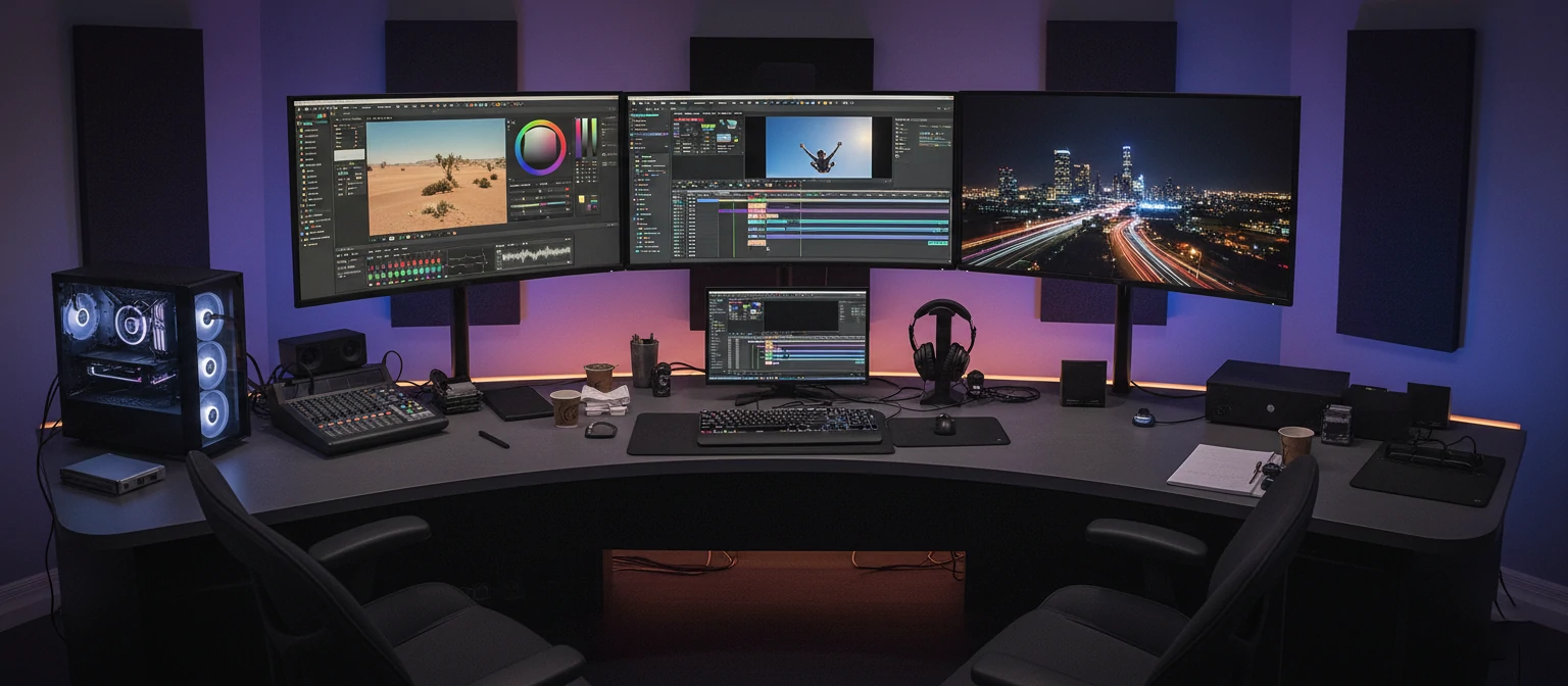 Professional video editing suite with multiple monitors displaying color grading software