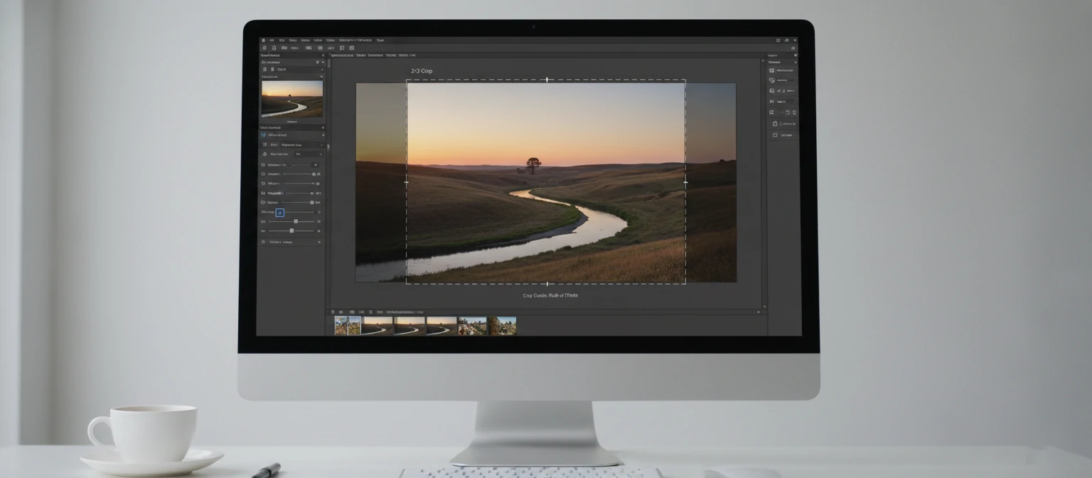 Screenshot showing photo editing software with 2-3 crop overlay applied to a sample image