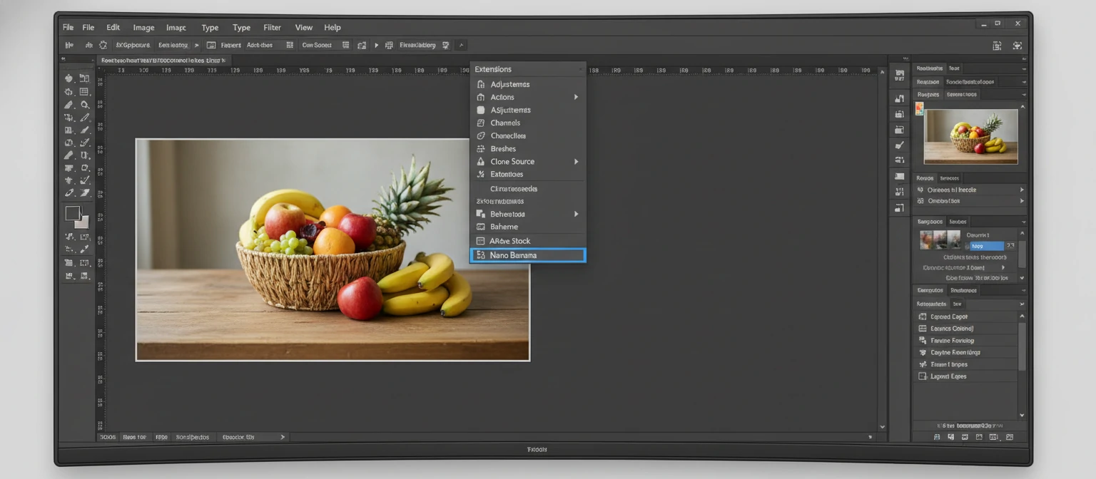 Screenshot showing the Window menu in Photoshop with Extensions submenu expanded, highlighting Nano Banana option