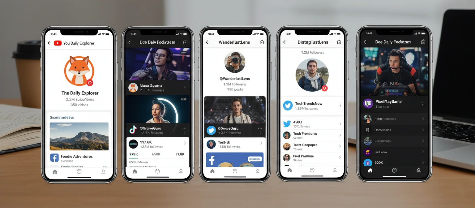 Screenshots of their various social media profiles showing subscriber