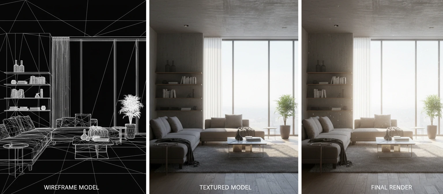 Side-by-side comparison showing a wireframe 3D model, the textured model, and the final photorealistic render