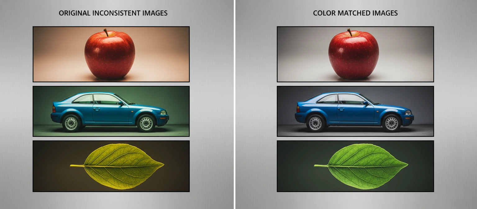 Side-by-side comparison showing color matching in action—original inconsistent images on left, matched images on right