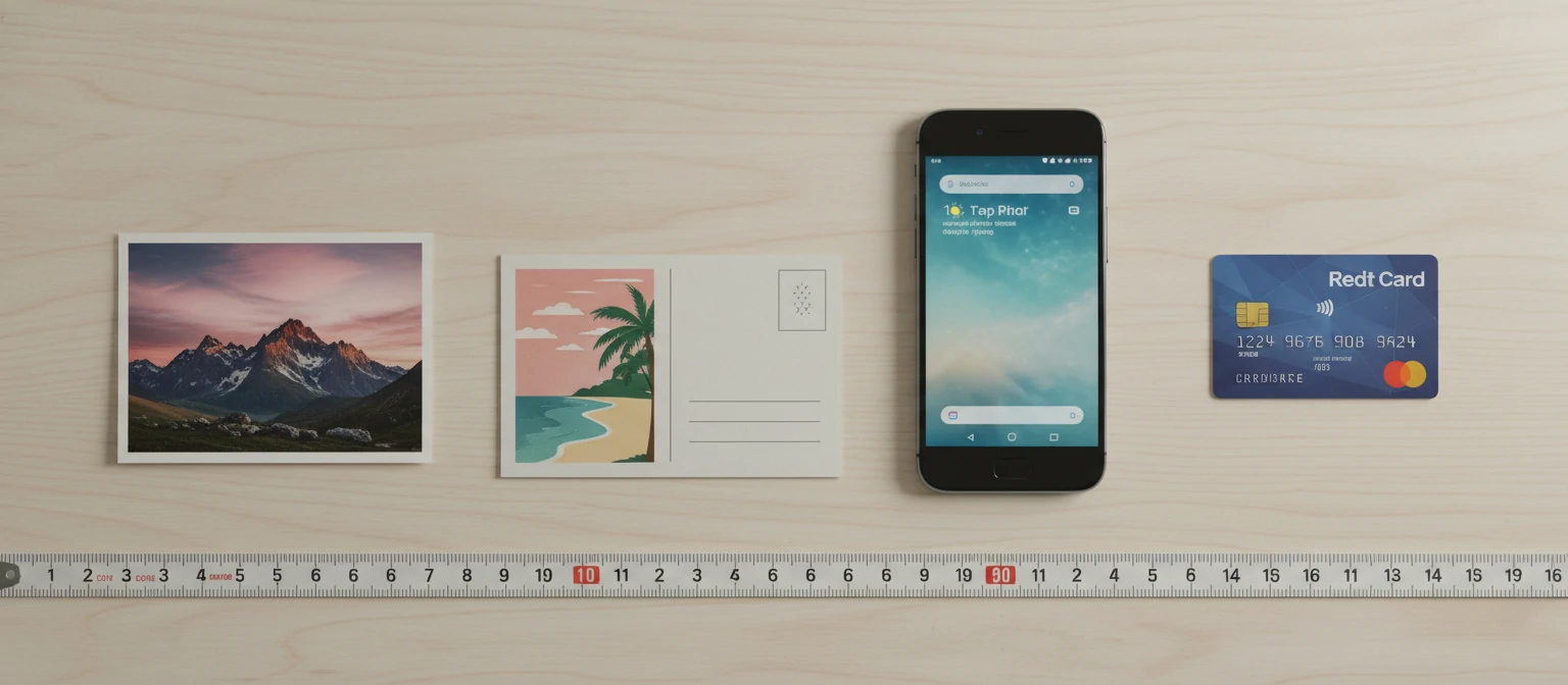 Side-by-side visual comparison of 4x6 photo with postcard, smartphone, and credit card for instant size recognition