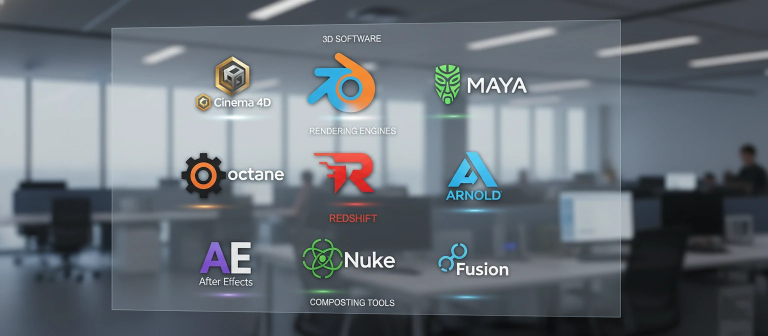 Software logos arranged by function - 3D software (Cinema 4D, Blender, Maya), rendering engines (Octane, Redshift, Arnold), and compositing tools
